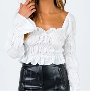 Princess Polly Smocked Crop Top Square Neck Long Sleeve White Size‎ 4